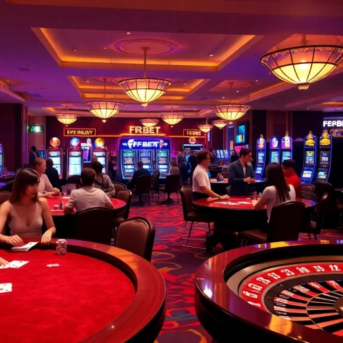 Exciting gambling action at F8 BET casino with vibrant slot machines and engaged players.