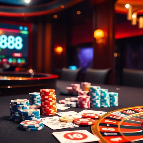 Gambler enjoying poker with DR88 chips, cards, and a roulette wheel.