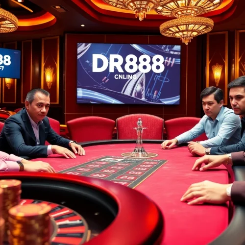 Professional gamblers strategizing at a DR88 casino table with vibrant casino chips and roulette wheel.
