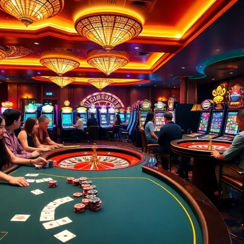 Experience the excitement of kkwin.com with players engaging in poker and slots in a vibrant casino.