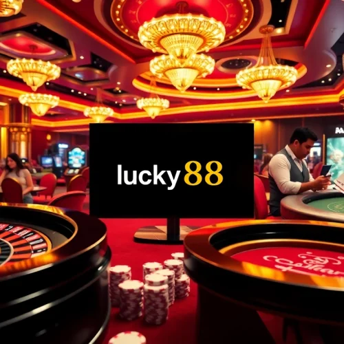 Experience the excitement of lucky88 with vibrant casino tables and gambling elements in a luxurious setting.