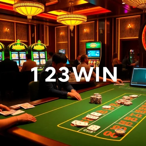 Exciting gambling scene at 123WIN casino featuring poker table, slot machines, and roulette wheel.