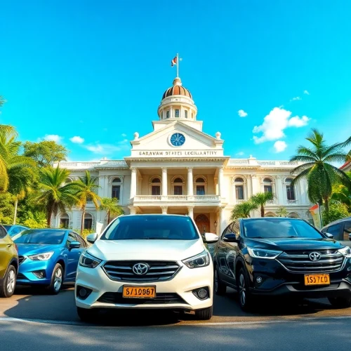 Kuching rent car scene featuring a variety of rental cars, iconic landmarks, and a warm inviting atmosphere.