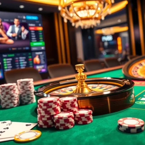 Engage with FIVE88's vibrant casino scene featuring poker chips and roulette wheels for an exciting gaming experience.