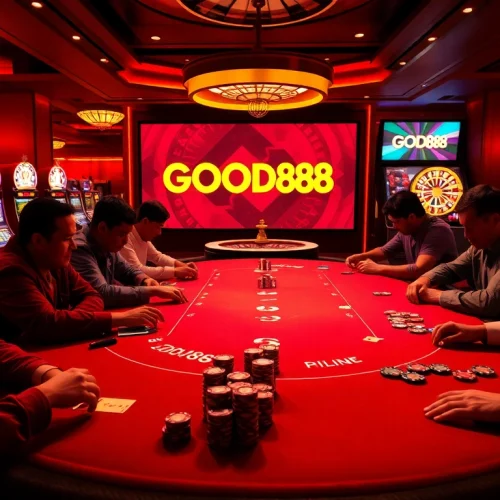 Players engage in exciting poker action at the GOOD88 casino table with chips and cards.