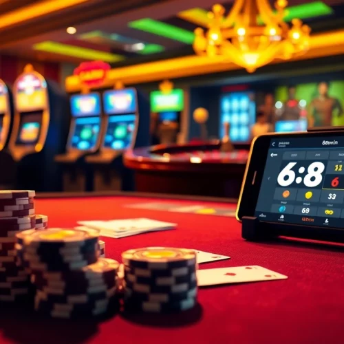 Scene illustrating 68win with vibrant casino elements including a roulette wheel and dynamic gaming action.