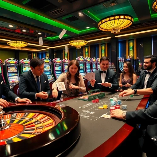 Gambling players enjoying a vibrant poker game and roulette at https://uu88.casa/ casino setting