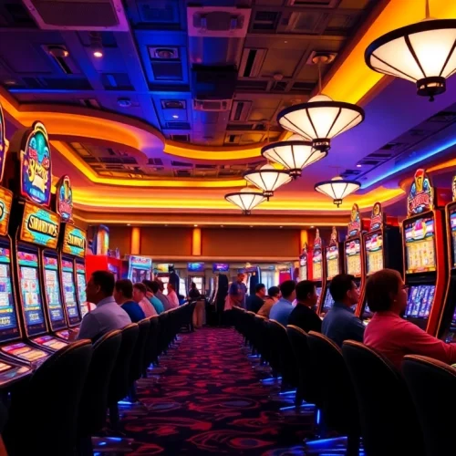 Engaging players enjoying slot games on hoki138 with vibrant casino ambiance.