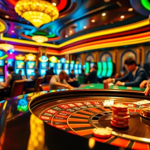 A thrilling casino scene showcasing 789WIN players at roulette and poker tables amidst vibrant slot machines and luxury decor.