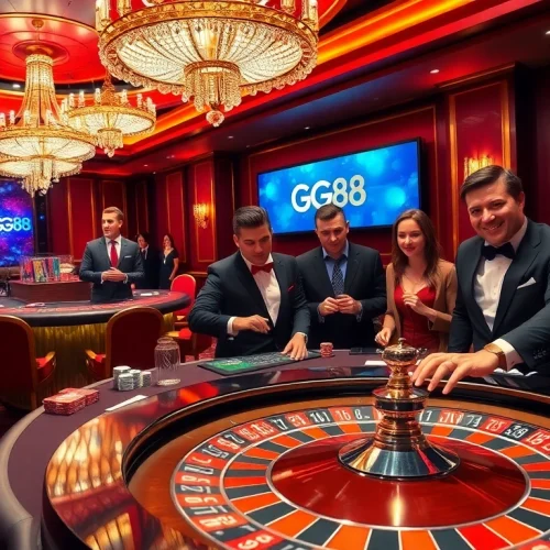 Excited players placing bets at the luxurious GG88 gaming table in a vibrant casino.