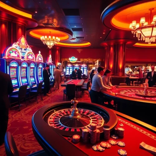 Gamblers enjoying the excitement of sc88 at a vibrant casino with slot machines and poker tables.