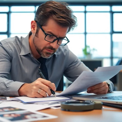 Investigating evidence for infidelity private investigation in a focused office environment.