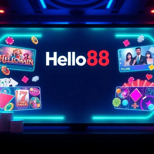 Hello88win.live logo on a vibrant online betting platform interface, showcasing popular casino games and elements of winning.