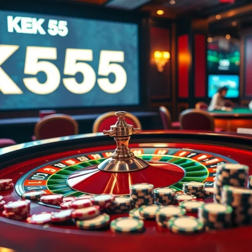 Thrilling atmosphere at a casino featuring KK55 roulette table surrounded by excited players.