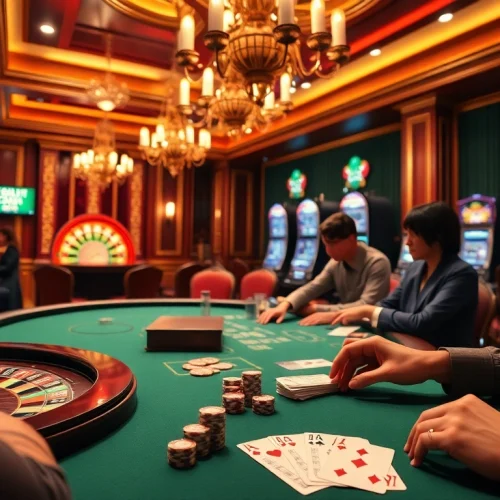 Exciting casino scene with players at a poker table and roulette wheel; LC 88 highlights betting excitement.