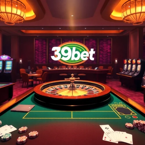Experience the thrill of gambling with 39bet at a vibrant casino scene filled with roulette and slot machines.