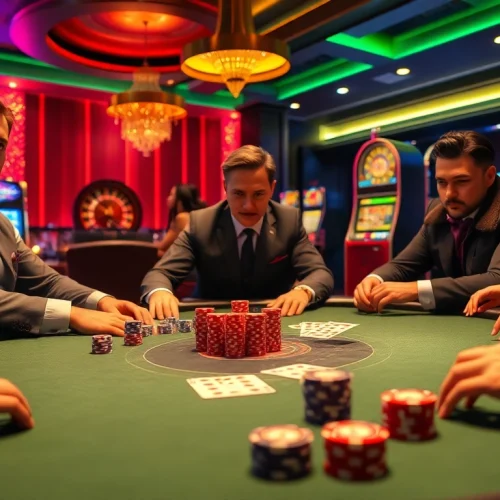 Players immerse in high-stakes poker at sodo66 with lively casino ambiance and luxurious details.
