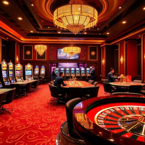 MM88 casino scene with vibrant poker tables and engaging slot machines highlighting a thrilling betting atmosphere.