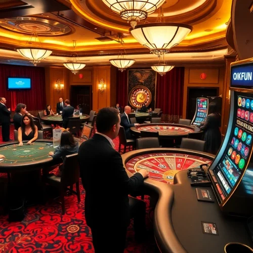 Engaging players at the OKFUN casino table, showcasing strategic poker action and vibrant gaming atmosphere.