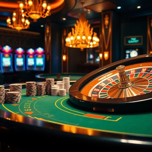 Capture the thrill of THA BET with poker chips and a roulette wheel in a luxurious casino setting.