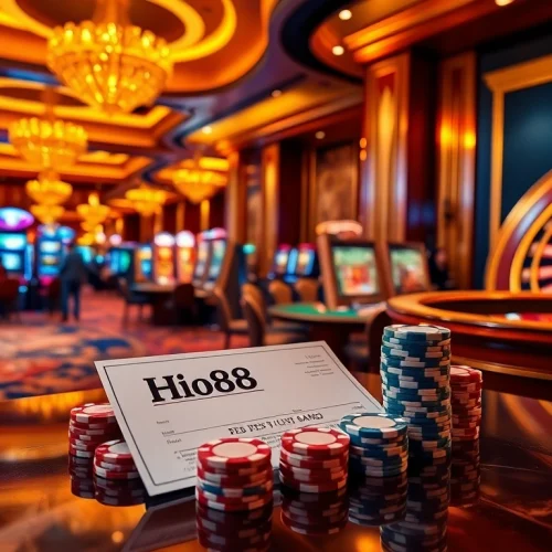 Exciting gambling scene with Hi88 branding showcasing luxury, poker chips, and a spinning roulette.