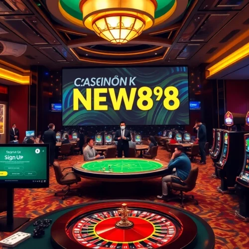 Engage with Đăng Ký NEW88 at a luxurious online casino featuring vibrant tables and slots.