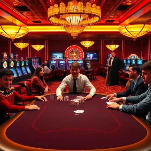 This exciting scene at PS99 captures players engaging at a poker table filled with chips and cards.