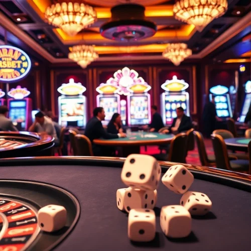 Experience TÀI XỈU MD5 gameplay with dice rolling on casino tables in a vibrant atmosphere.