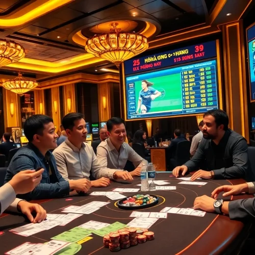 Kèo bóng đá betting scene with players engaging over vibrant betting slips and live soccer odds.