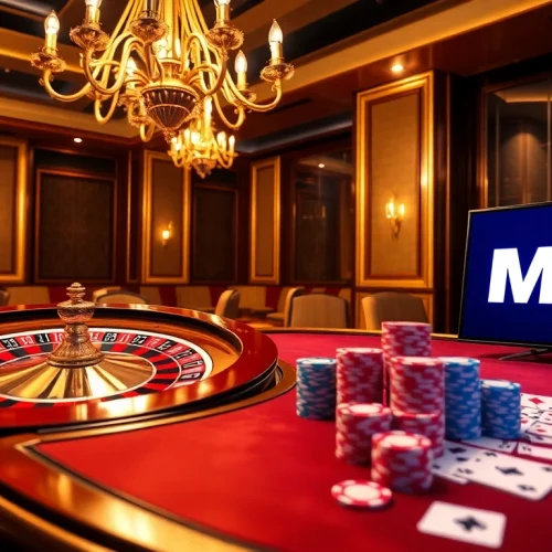 Exciting casino scene featuring MK8 logo, roulette wheel, and poker chips.