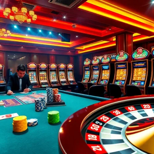 Exciting scene at nhà cái PS99 with poker table, vibrant slot machines, and roulette wheel.