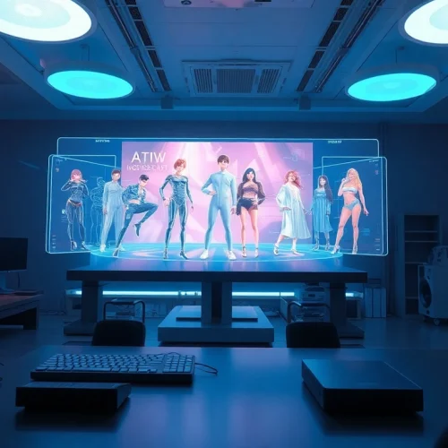 AI NSFW image showcasing a futuristic workspace with holographic displays and advanced character designs.