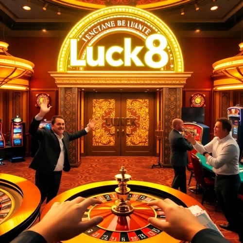 Players winning at Luck8 casino, enjoying vibrant poker tables and slot machines.