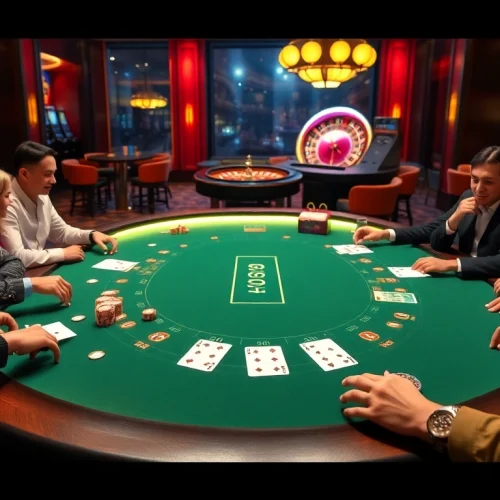 Players analyze tỷ lệ nhà cái at an exciting blackjack table in a luxurious casino setting.
