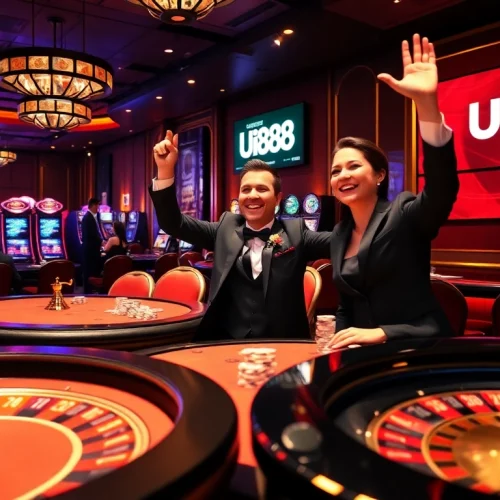 UU88 players winning at a luxurious casino table with vibrant slots in the background.