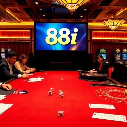 Excited players engaging in high-stakes poker and roulette at 88i casino.