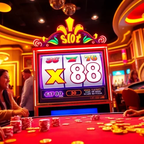 Excited players winning on the vibrant slot x88 machine in a luxurious casino setting.