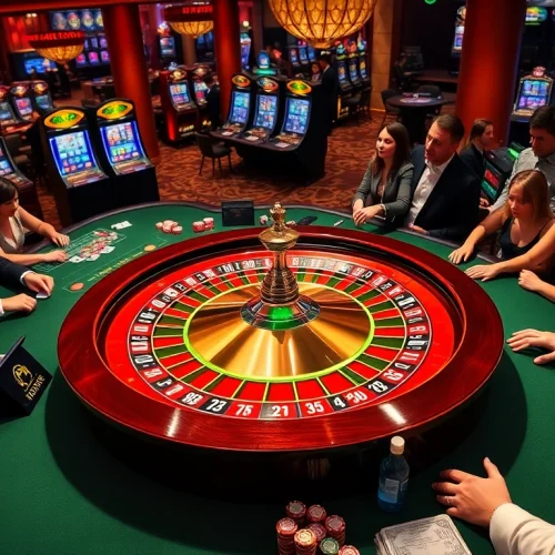Players betting at an elegant roulette table in a vibrant casino atmosphere showcasing 13Win.