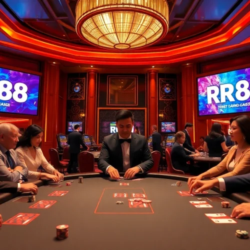 RR88 casino scene with elegant players enjoying high-stakes table games in a luxurious setting.