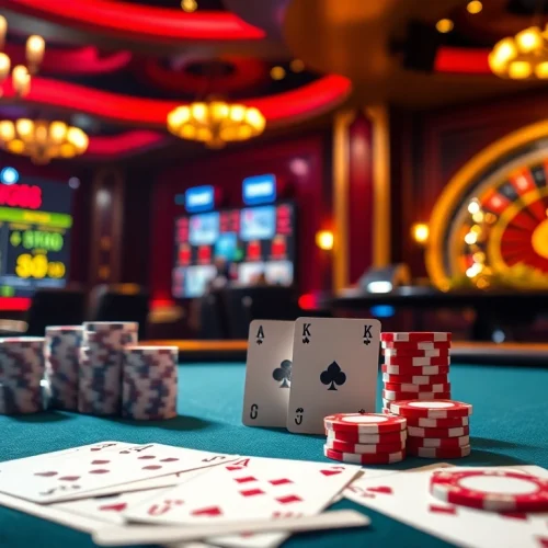 Engage with the thrilling atmosphere of KING88's glamorous casino experience showcasing poker and roulette.