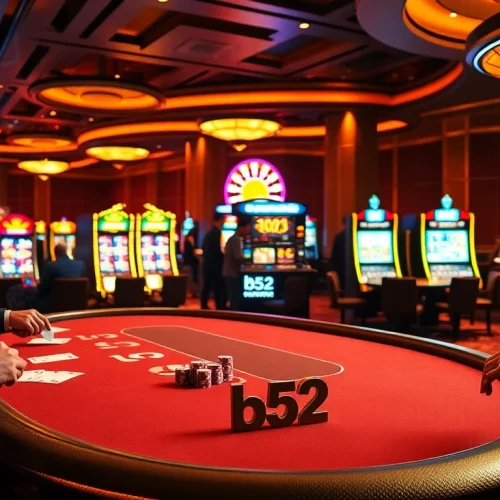 B52 players engaging in intense poker action at a luxurious casino table surrounded by vibrant slot machines.