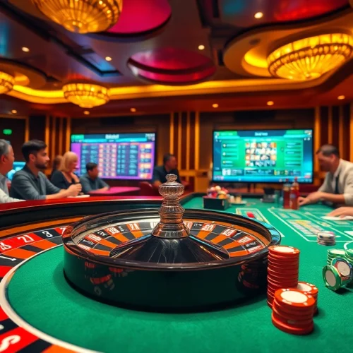 Engaging casino scene at https://rr88me.com/ with poker games, roulette, and colorful chips.