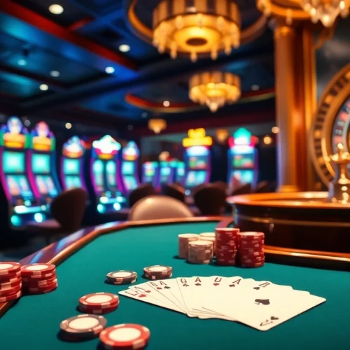 Experience the thrill of GG88 at a luxurious poker table, surrounded by vibrant casino elements.