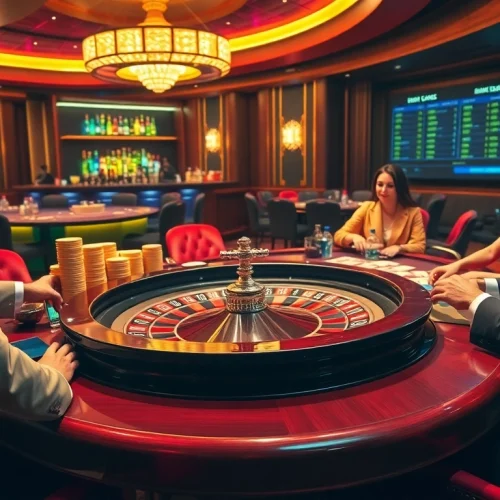 Engaging gamblers at a roulette table in a luxurious casino ambiance featuring https://go88hv.com/ betting options.