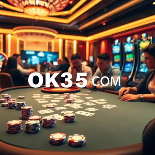 Players enjoying a thrilling game of poker at OK365 COM with vibrant chips and a luxurious casino backdrop.
