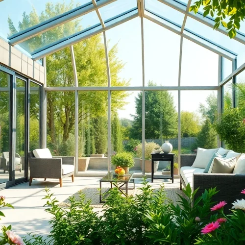 Enjoy a beautiful patio sunroom nestled in a lush garden with bright natural lighting.
