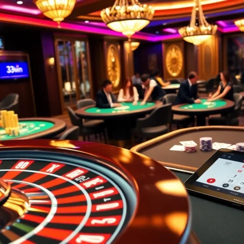 Experience the excitement of 33win with players engaged at casino tables and a vivid roulette wheel.