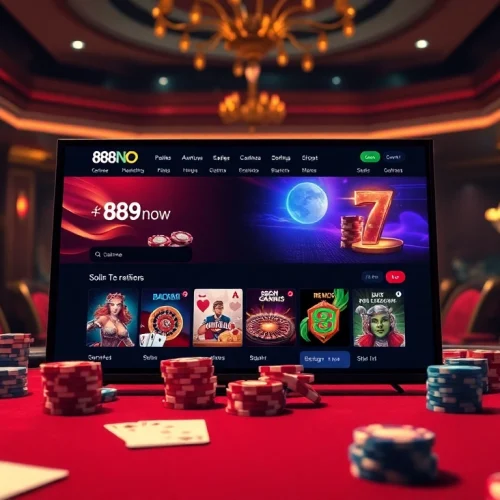 Experience the thrill of 888now.com with vibrant poker chips and interactive gaming options on a luxurious casino table.