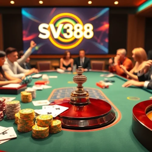 Dynamic gaming action at nhà cái SV388 featuring poker chips and cards on a vibrant casino table.