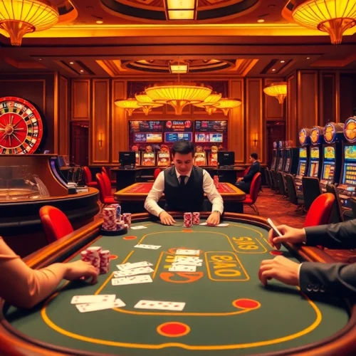 Experience thrilling game bài đổi thưởng in a luxurious casino setting with poker and roulette games.